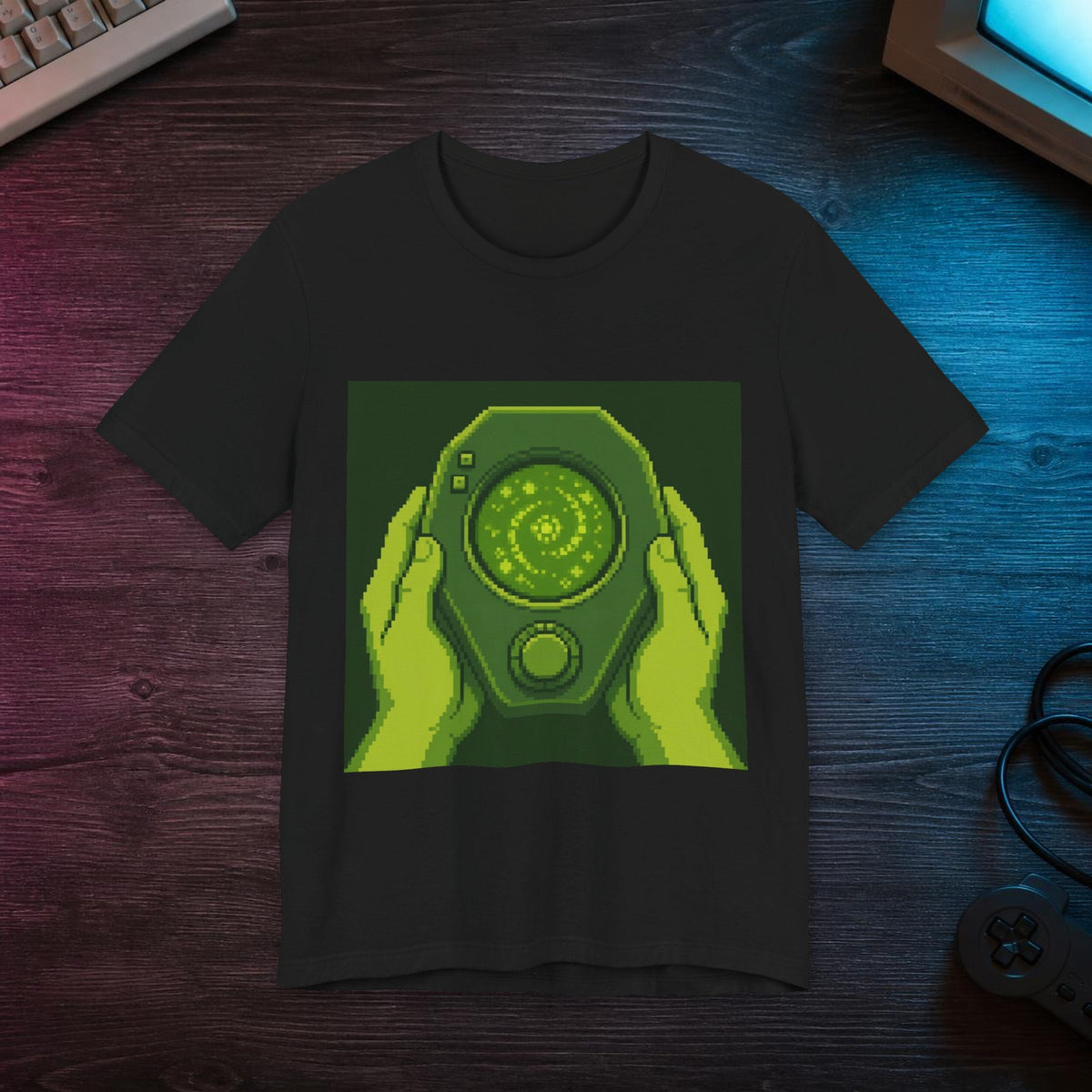 Orb Handheld Graphic Tee — T-shirt in a styled room scene; digital product mockup [Wear8bit lifestyle v1]