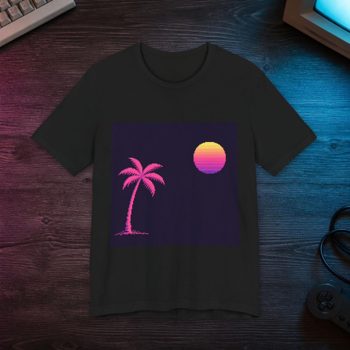 Palm & Chrome Sun Graphic Tee — T-shirt in a styled room scene; digital product mockup [Wear8bit lifestyle v1]