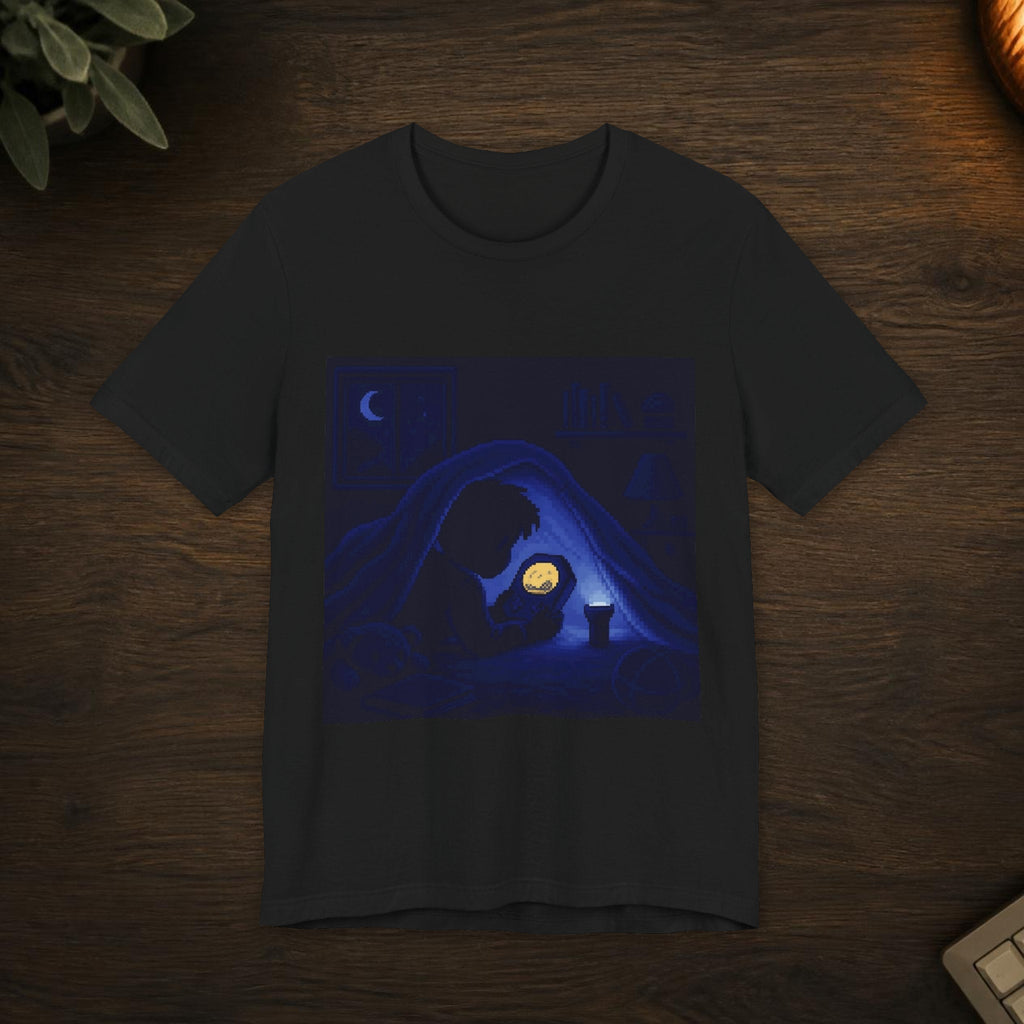 Shelf Flat-Lay Graphic Tee — T-shirt in a styled room scene; digital product mockup [Wear8bit lifestyle v1]