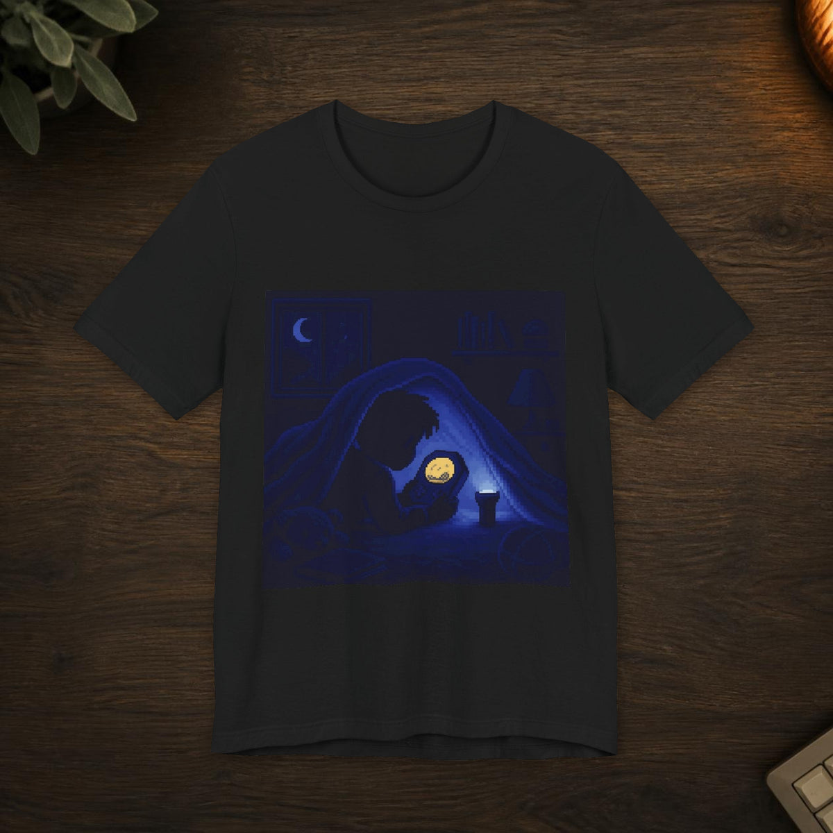 Shelf Flat-Lay Graphic Tee — T-shirt in a styled room scene; digital product mockup [Wear8bit lifestyle v1]