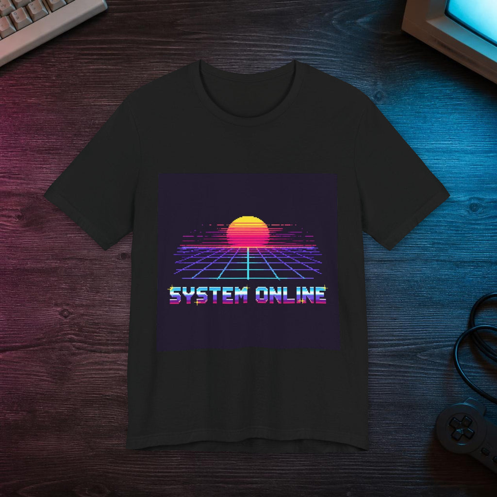 System Online Graphic Tee — T-shirt in a styled room scene; digital product mockup [Wear8bit lifestyle v1]