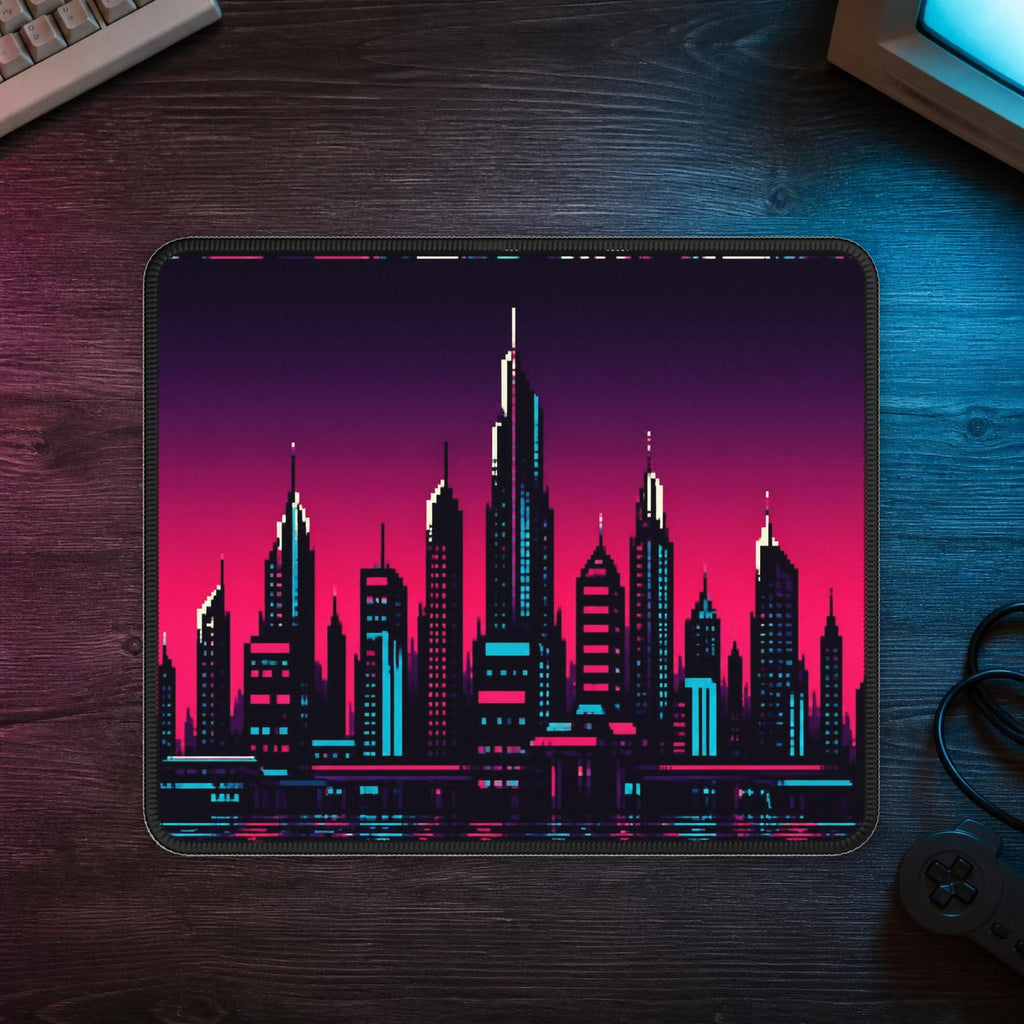 Chrome Skyline Mousepad — mousepad in a styled room scene; digital product mockup [Wear8bit lifestyle v1]