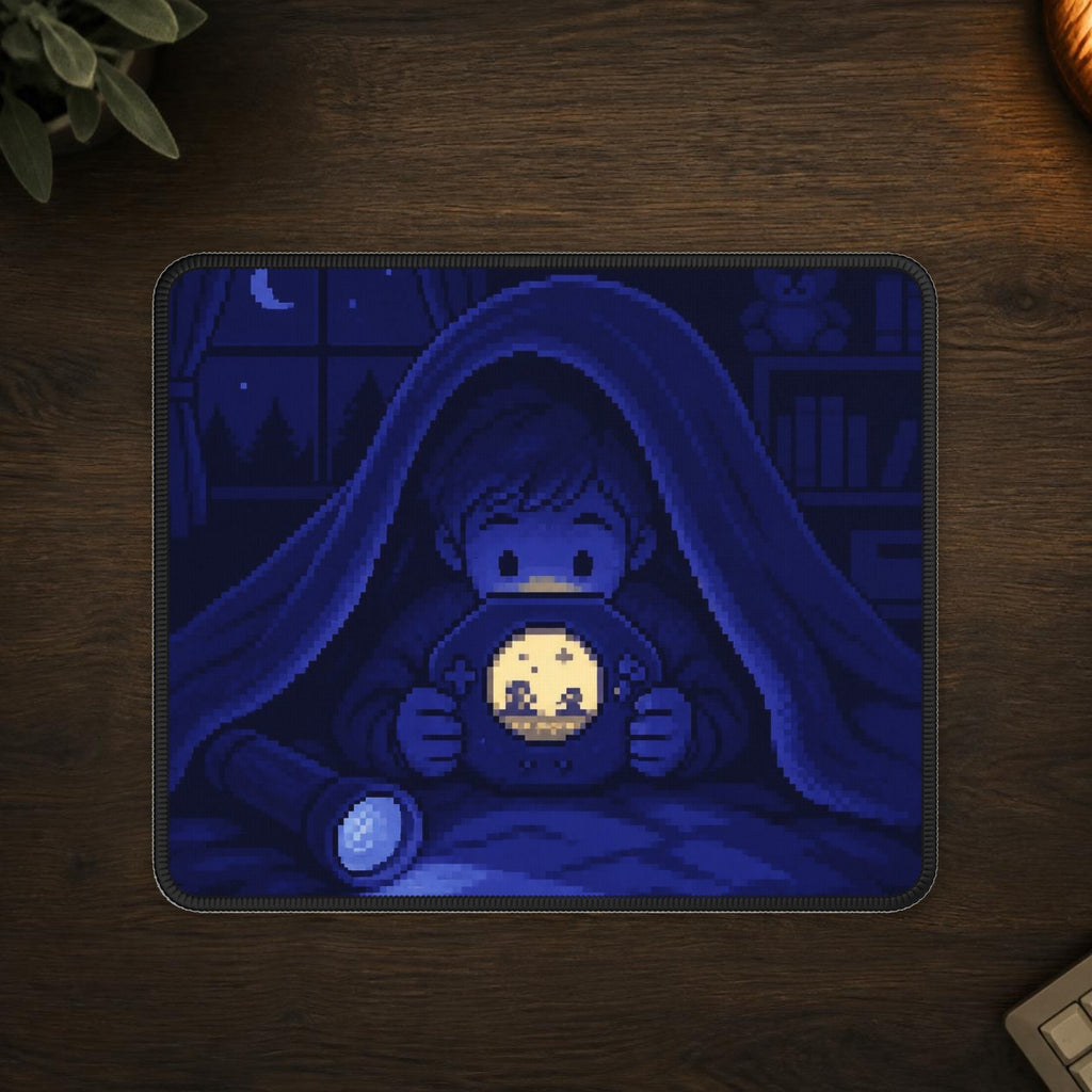 Moonlit Player Mousepad — mousepad in a styled room scene; digital product mockup [Wear8bit lifestyle v1]