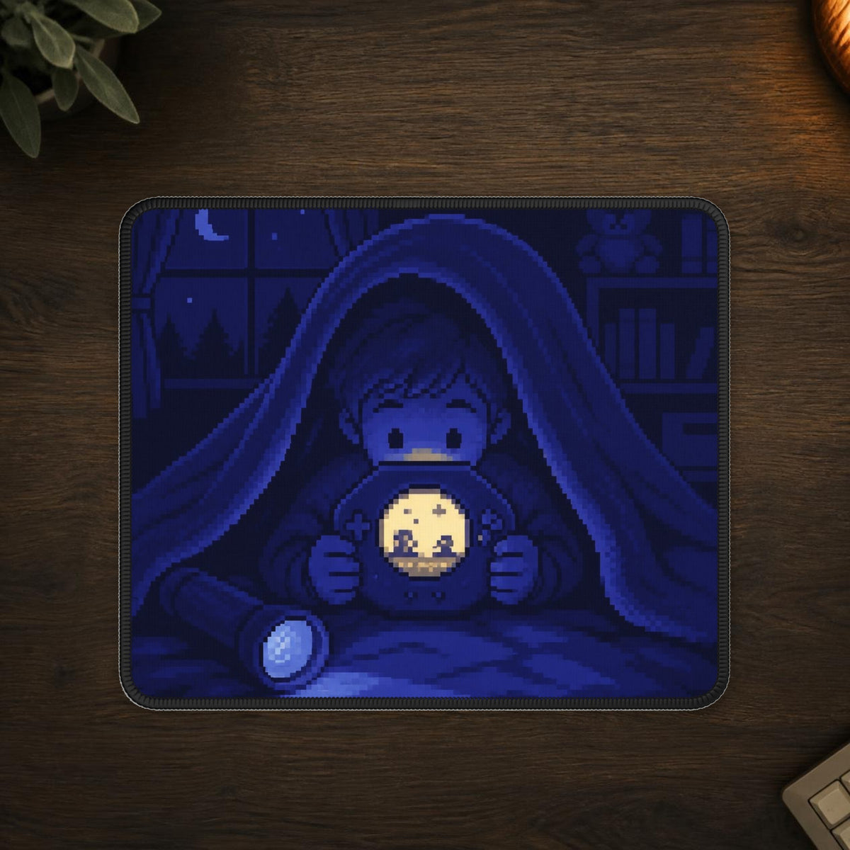 Moonlit Player Mousepad — mousepad in a styled room scene; digital product mockup [Wear8bit lifestyle v1]