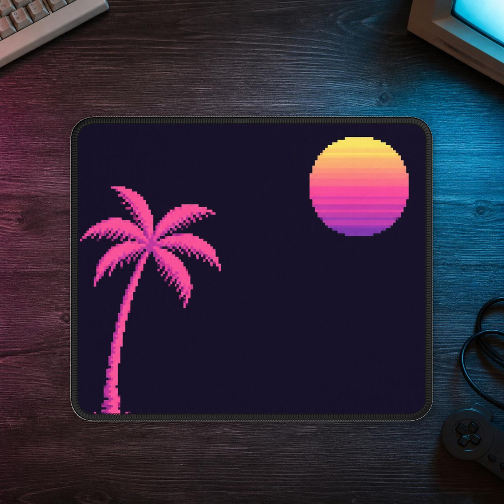 Palm & Chrome Sun Mousepad — mousepad in a styled room scene; digital product mockup [Wear8bit lifestyle v1]