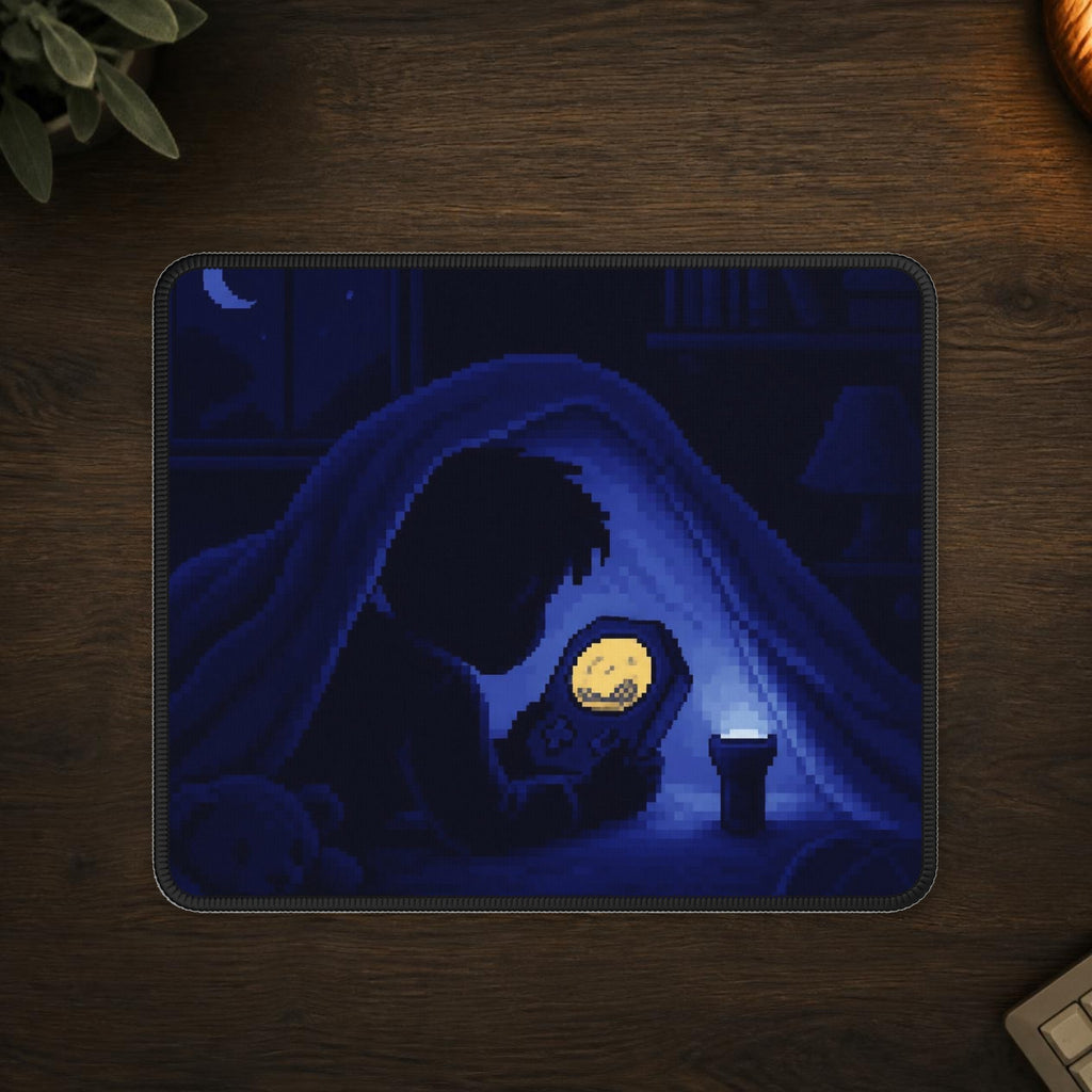 Shelf Flat-Lay Mousepad — mousepad in a styled room scene; digital product mockup [Wear8bit lifestyle v1]
