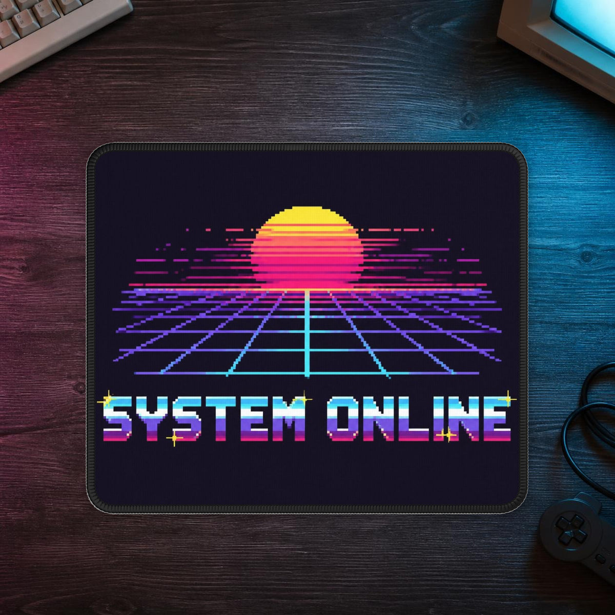 System Online Mousepad — mousepad in a styled room scene; digital product mockup [Wear8bit lifestyle v1]