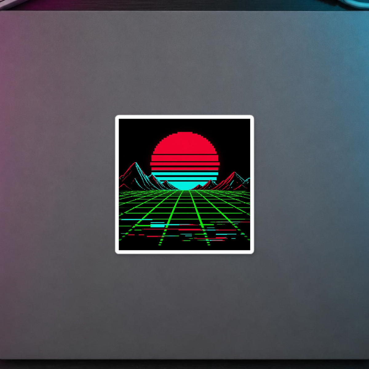 Arcade Cabinet Sticker — sticker in a styled room scene; digital product mockup [Wear8bit lifestyle v1]