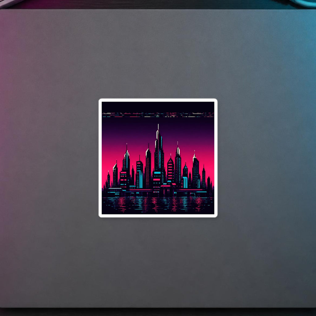 Chrome Skyline Sticker — sticker in a styled room scene; digital product mockup [Wear8bit lifestyle v1]