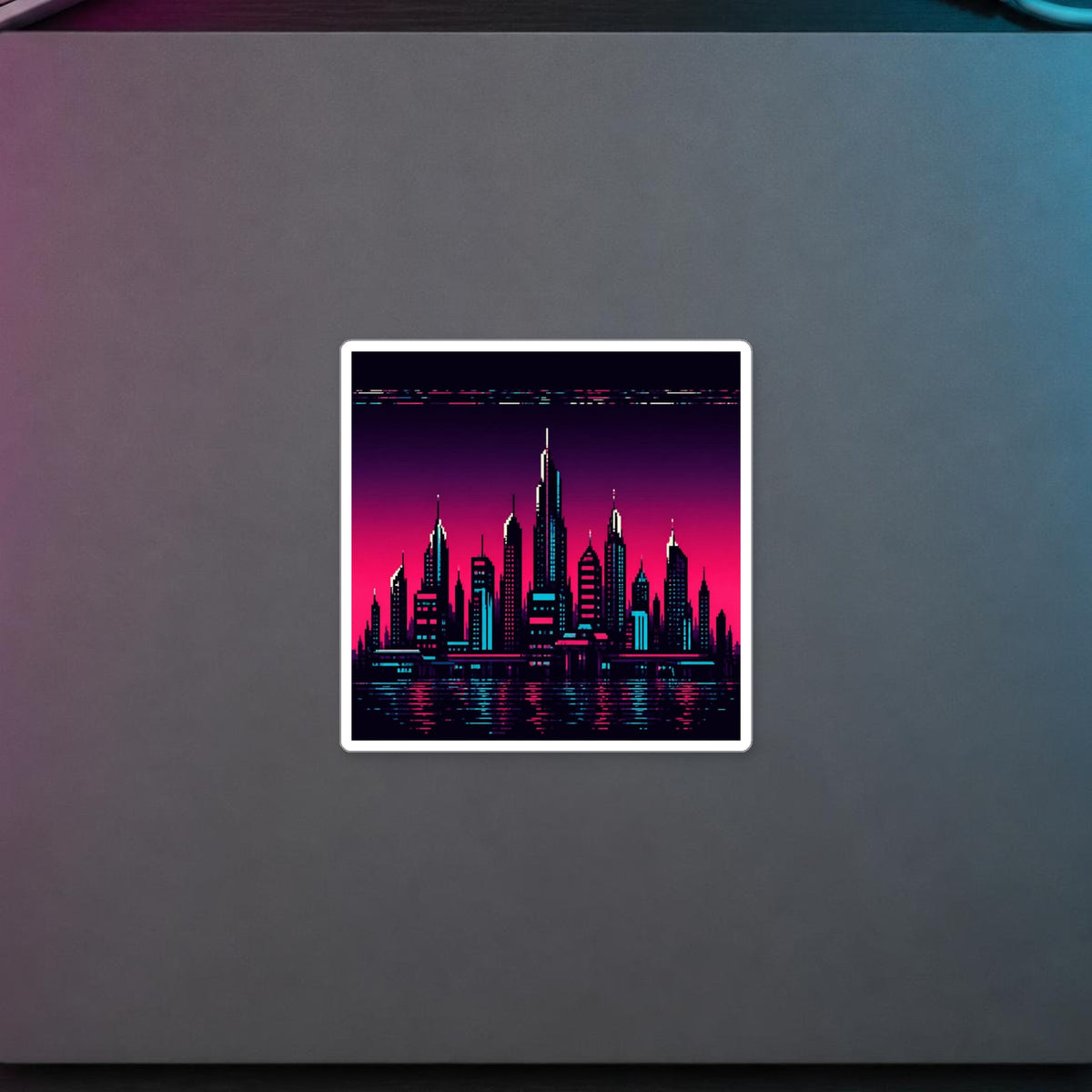 Chrome Skyline Sticker — sticker in a styled room scene; digital product mockup [Wear8bit lifestyle v1]