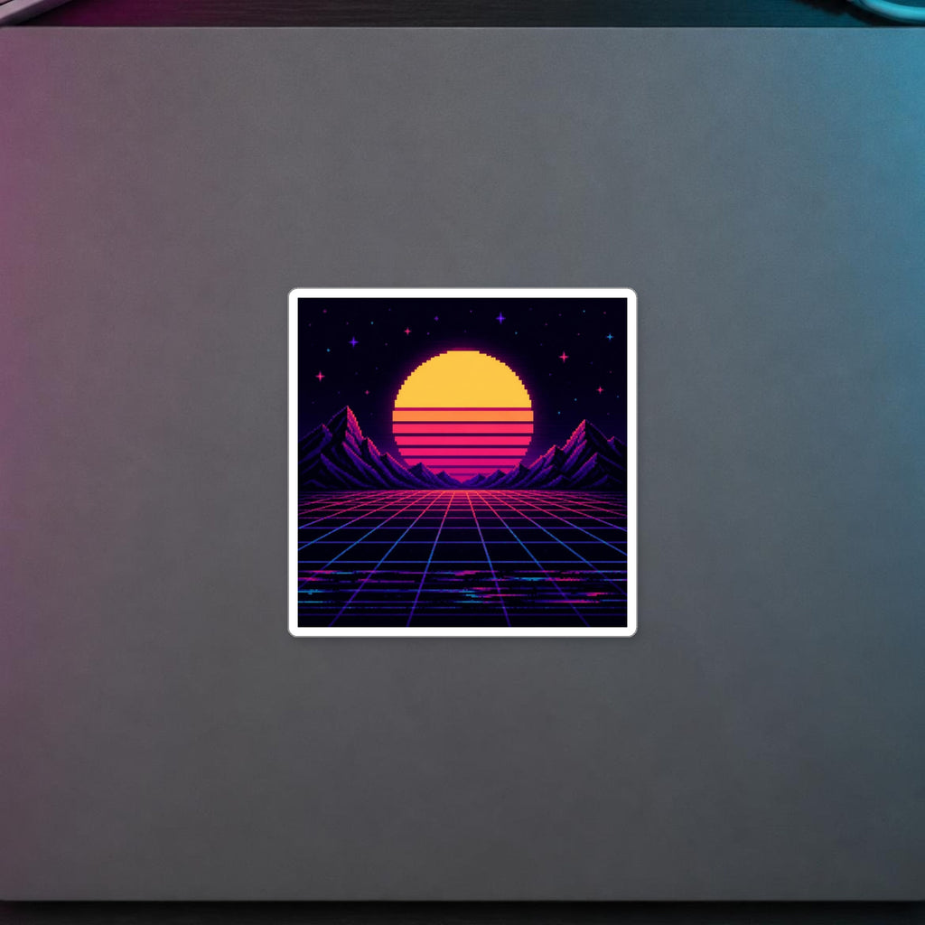 Grid Horizon Sticker — sticker in a styled room scene; digital product mockup [Wear8bit lifestyle v1]