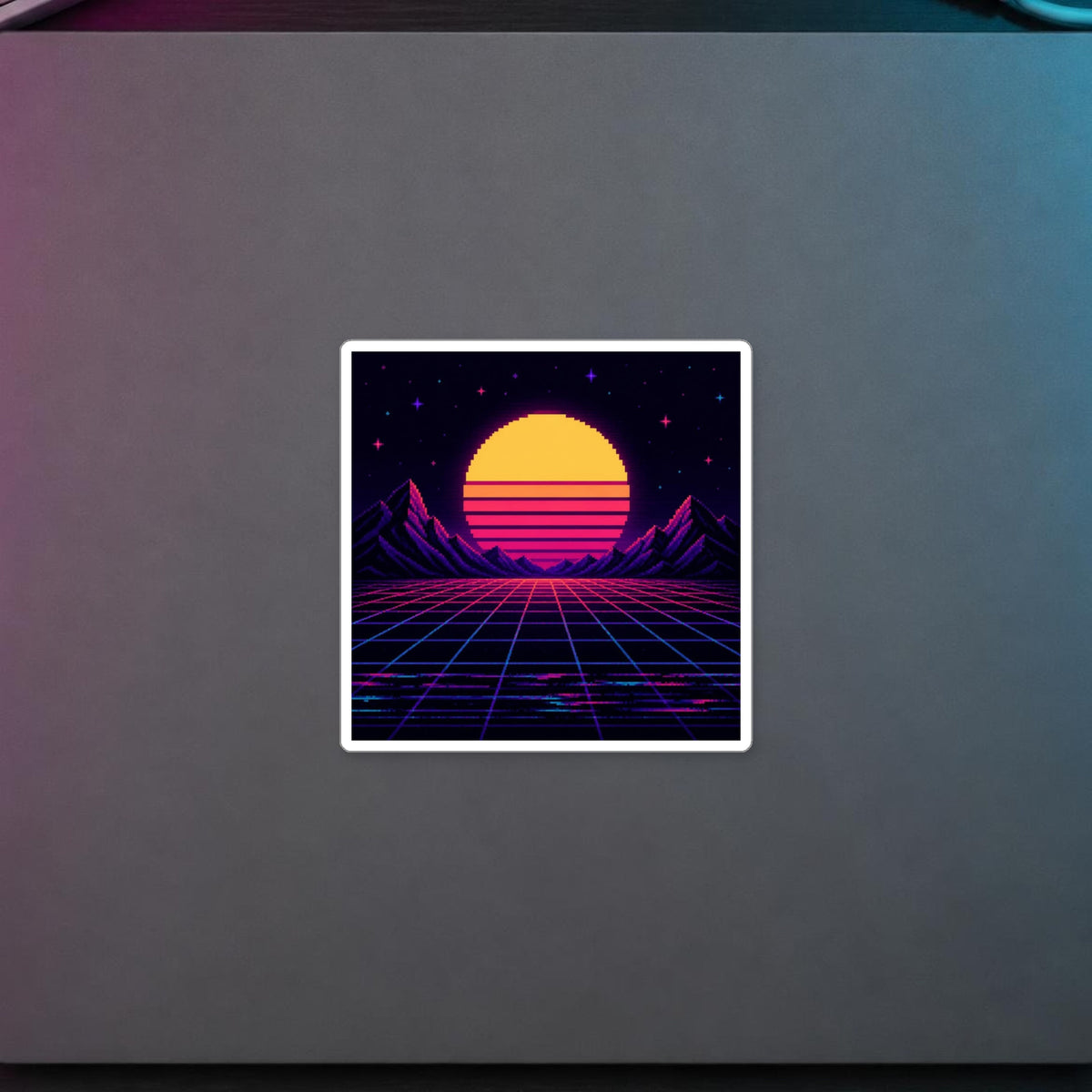 Grid Horizon Sticker — sticker in a styled room scene; digital product mockup [Wear8bit lifestyle v1]