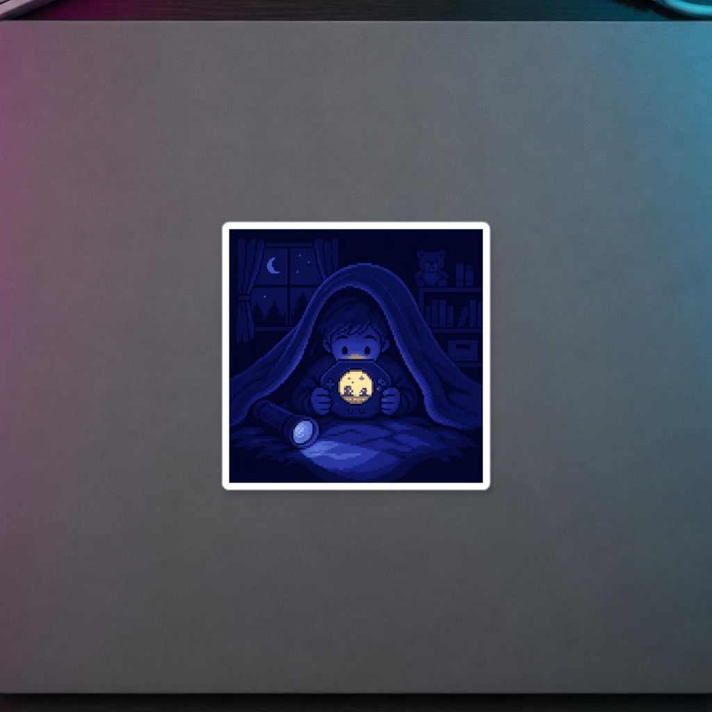 Moonlit Player Sticker — sticker in a styled room scene; digital product mockup [Wear8bit lifestyle v1]