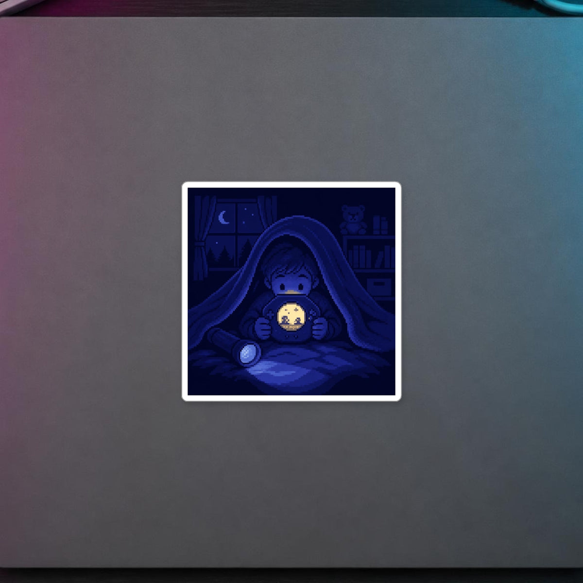 Moonlit Player Sticker — sticker in a styled room scene; digital product mockup [Wear8bit lifestyle v1]