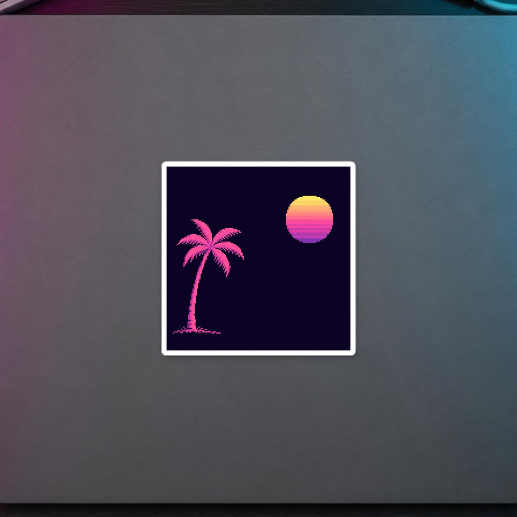 Palm & Chrome Sun Sticker — sticker in a styled room scene; digital product mockup [Wear8bit lifestyle v1]