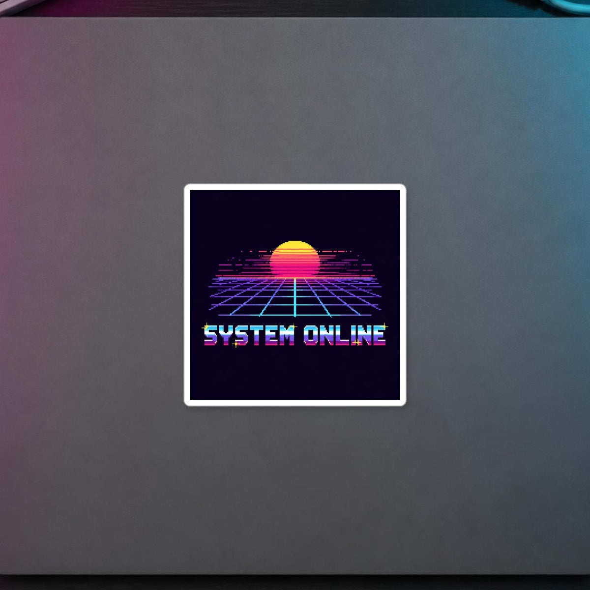 System Online Sticker — sticker in a styled room scene; digital product mockup [Wear8bit lifestyle v1]