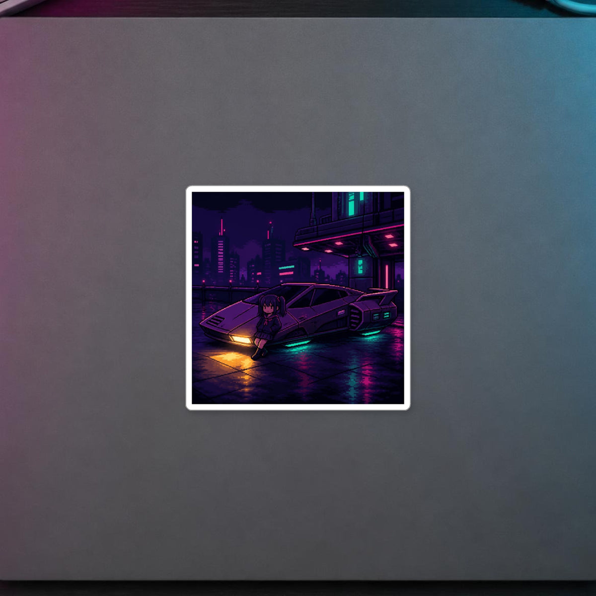 Midnight Tuner Sticker — sticker in a styled room scene; digital product mockup [Wear8bit lifestyle v1]