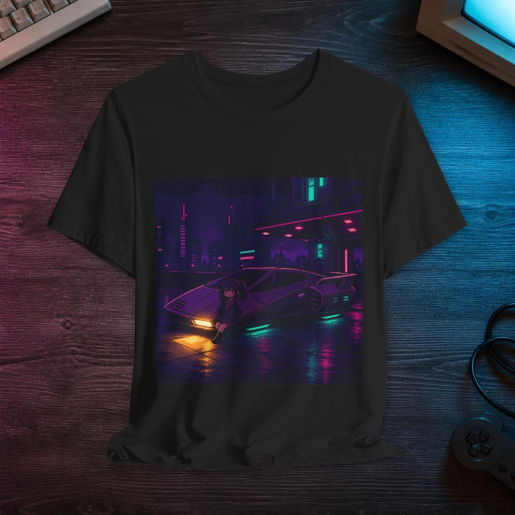 Midnight Tuner Graphic Tee — T-shirt in a styled room scene; digital product mockup [Wear8bit lifestyle v1]