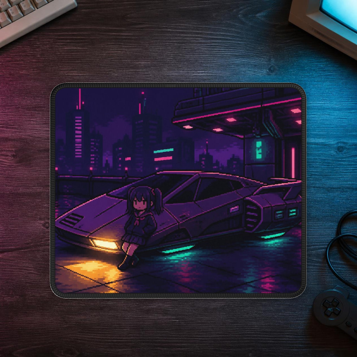 Midnight Tuner Mousepad — mousepad in a styled room scene; digital product mockup [Wear8bit lifestyle v1]