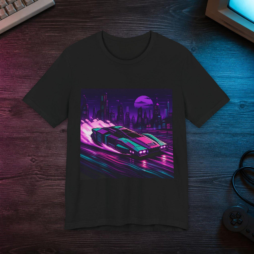 Drift Line Graphic Tee — T-shirt in a styled room scene; digital product mockup [Wear8bit lifestyle v1]