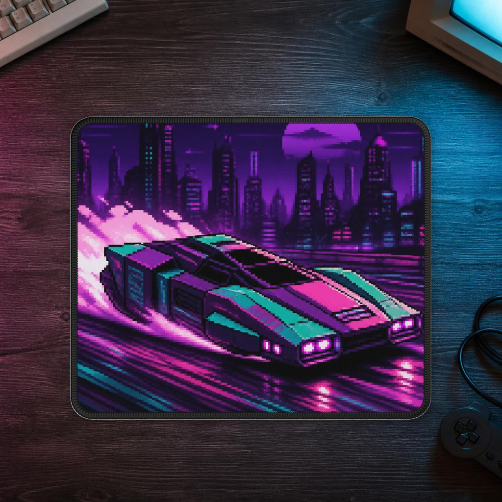 Drift Line Mousepad — mousepad in a styled room scene; digital product mockup [Wear8bit lifestyle v1]