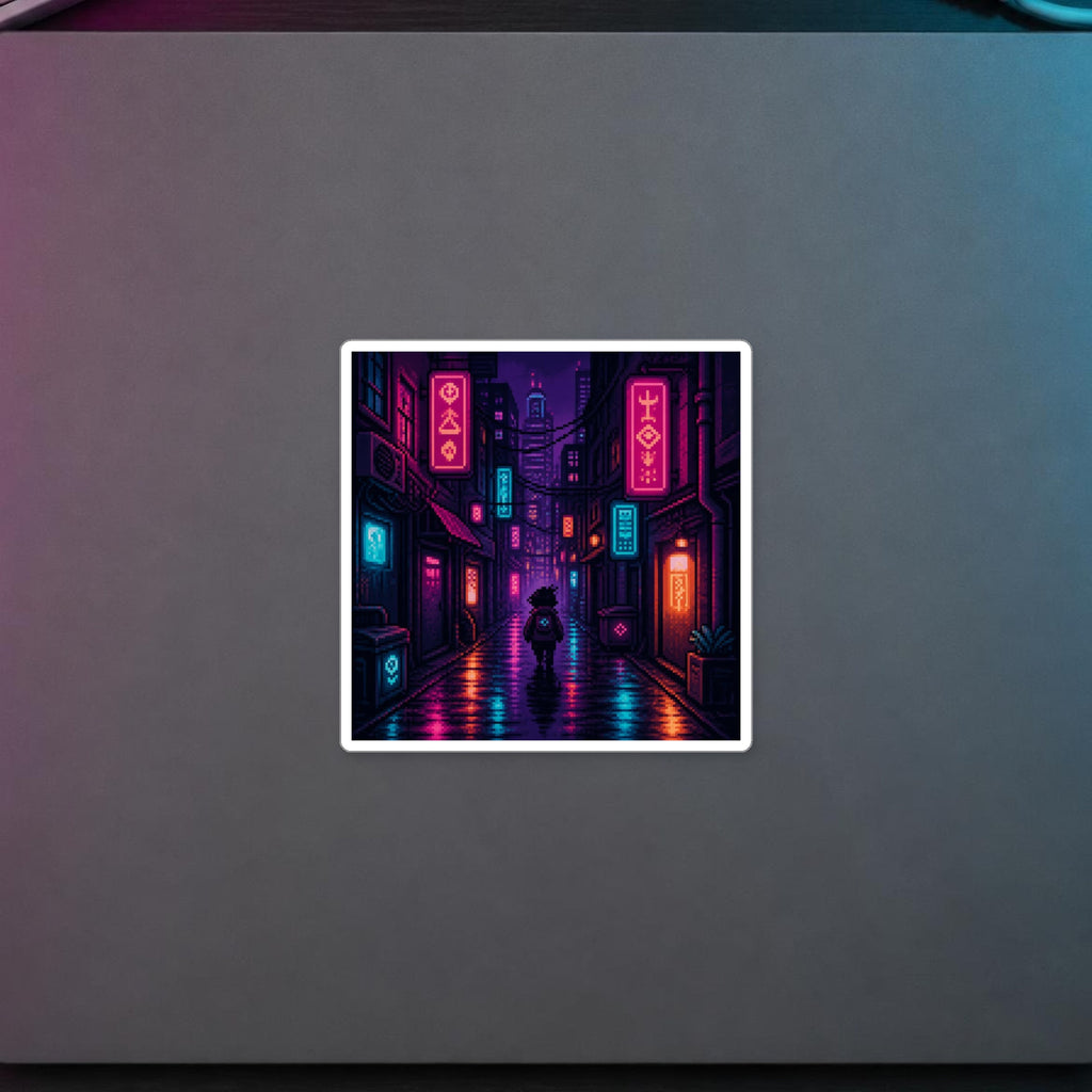 Neon District Sticker — sticker in a styled room scene; digital product mockup [Wear8bit lifestyle v1]