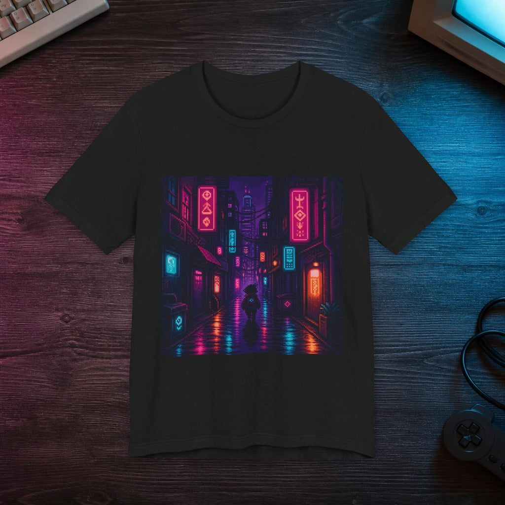 Neon District Graphic Tee — T-shirt in a styled room scene; digital product mockup [Wear8bit lifestyle v1]