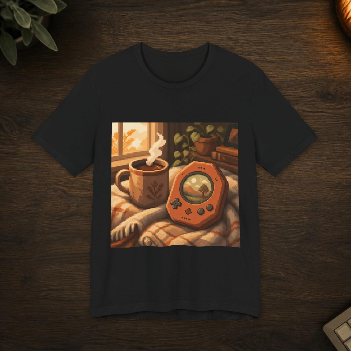 Save Point Graphic Tee — T-shirt in a styled room scene; digital product mockup [Wear8bit lifestyle v1]