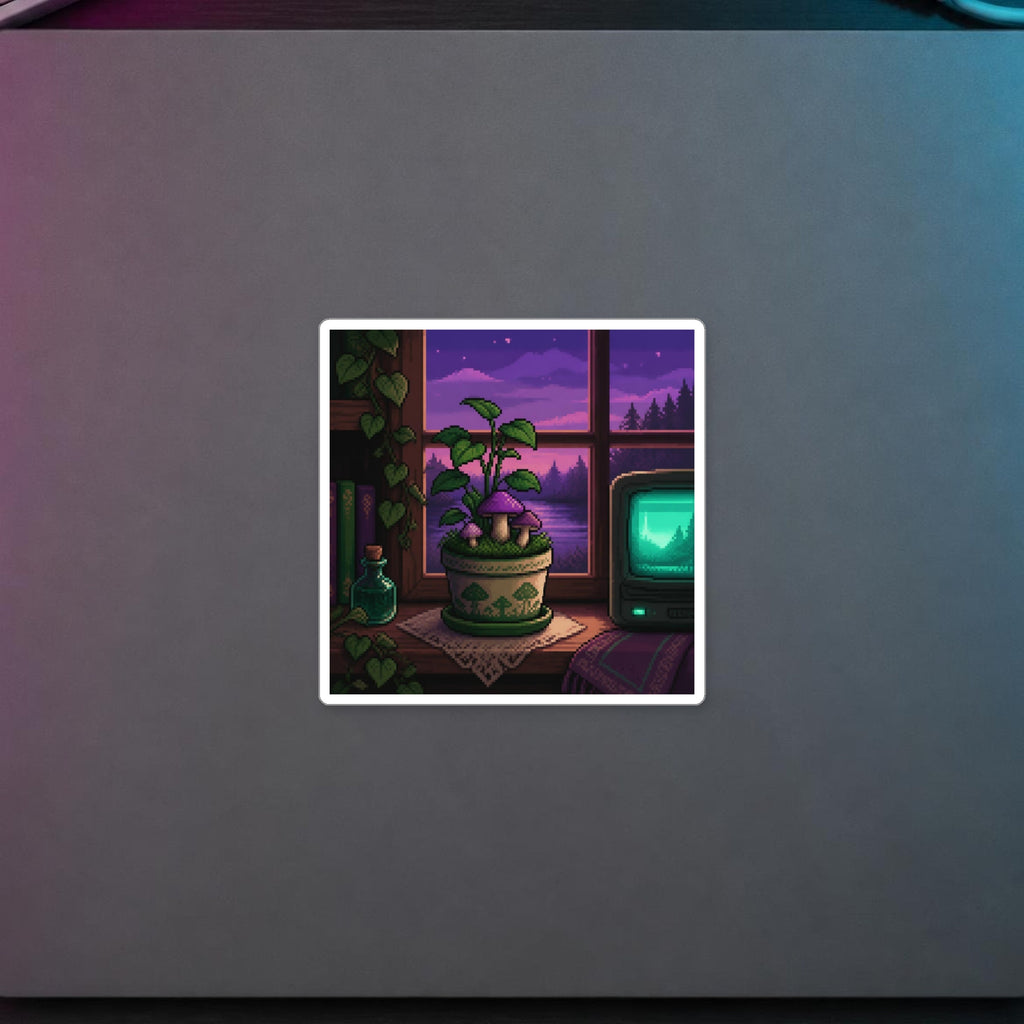 Pixel Garden Sticker — sticker in a styled room scene; digital product mockup [Wear8bit lifestyle v1]