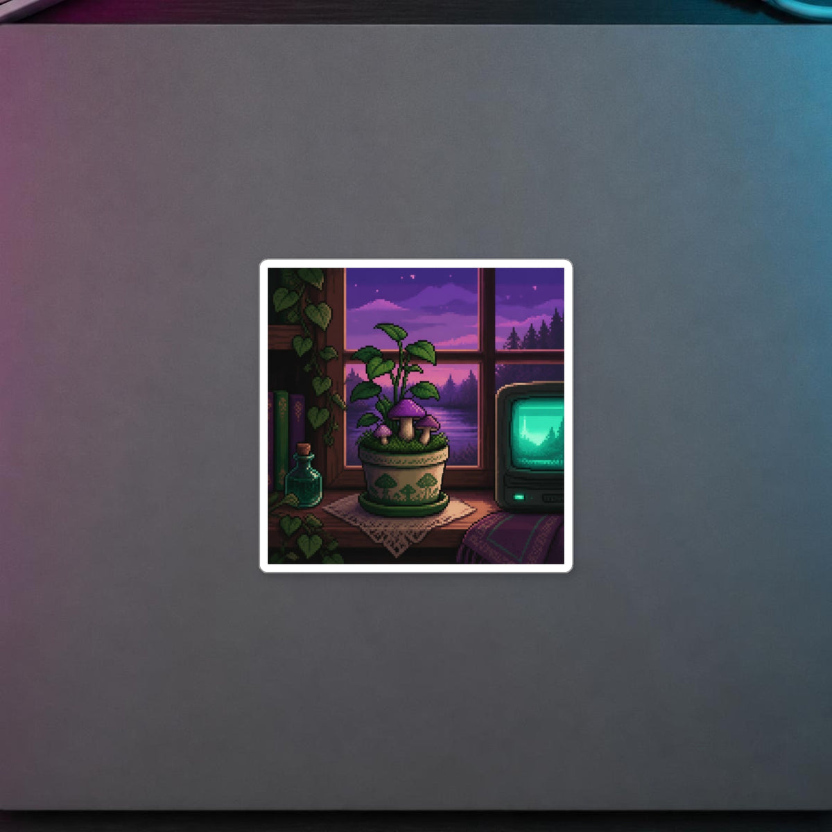 Pixel Garden Sticker — sticker in a styled room scene; digital product mockup [Wear8bit lifestyle v1]
