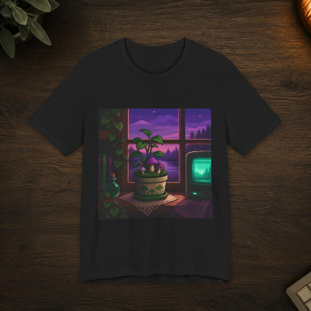 Pixel Garden Graphic Tee — T-shirt in a styled room scene; digital product mockup [Wear8bit lifestyle v1]