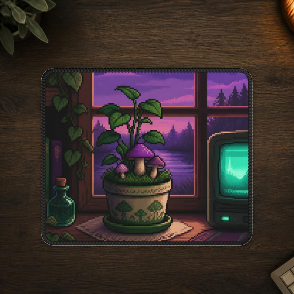 Pixel Garden Mousepad — mousepad in a styled room scene; digital product mockup [Wear8bit lifestyle v1]