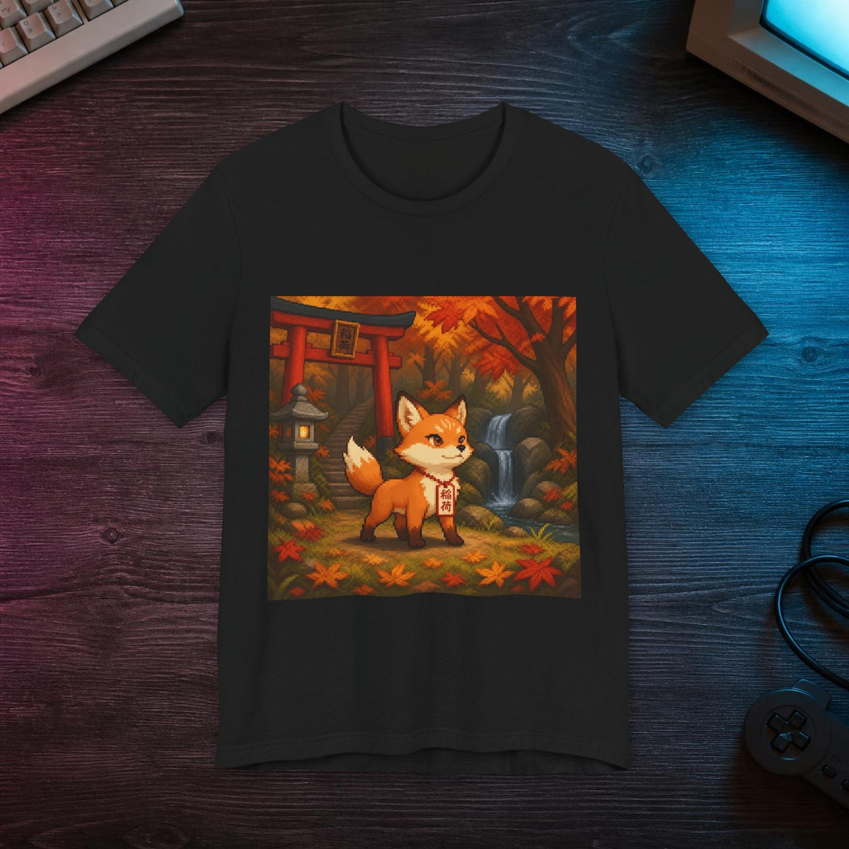 Kitsune Tee — T-shirt in a styled room scene; digital product mockup [Wear8bit lifestyle v1]