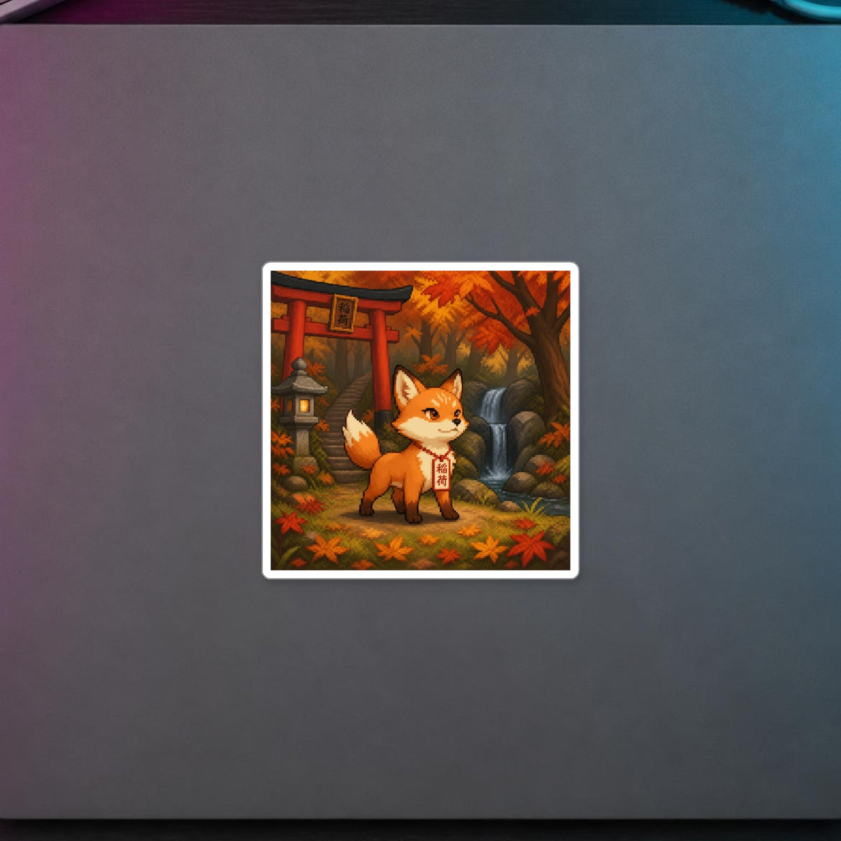 Kitsune Sticker — sticker in a styled room scene; digital product mockup [Wear8bit lifestyle v1]
