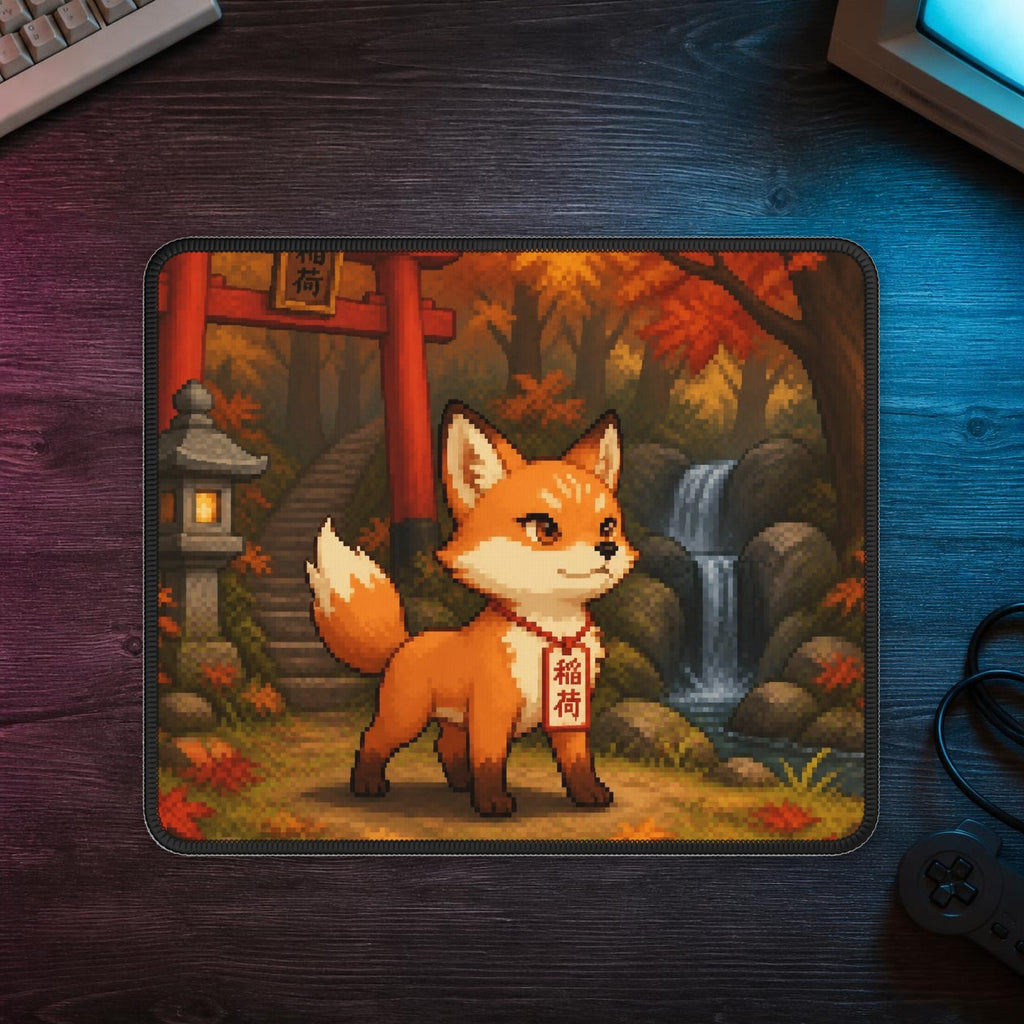 Kitsune Mousepad — mousepad in a styled room scene; digital product mockup [Wear8bit lifestyle v1]