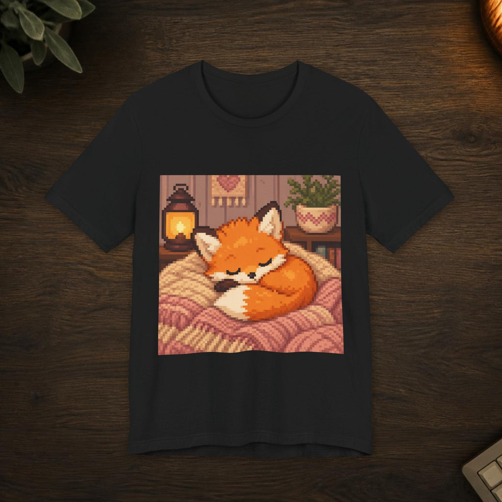 Baby Fox Tee — T-shirt in a styled room scene; digital product mockup [Wear8bit lifestyle v1]