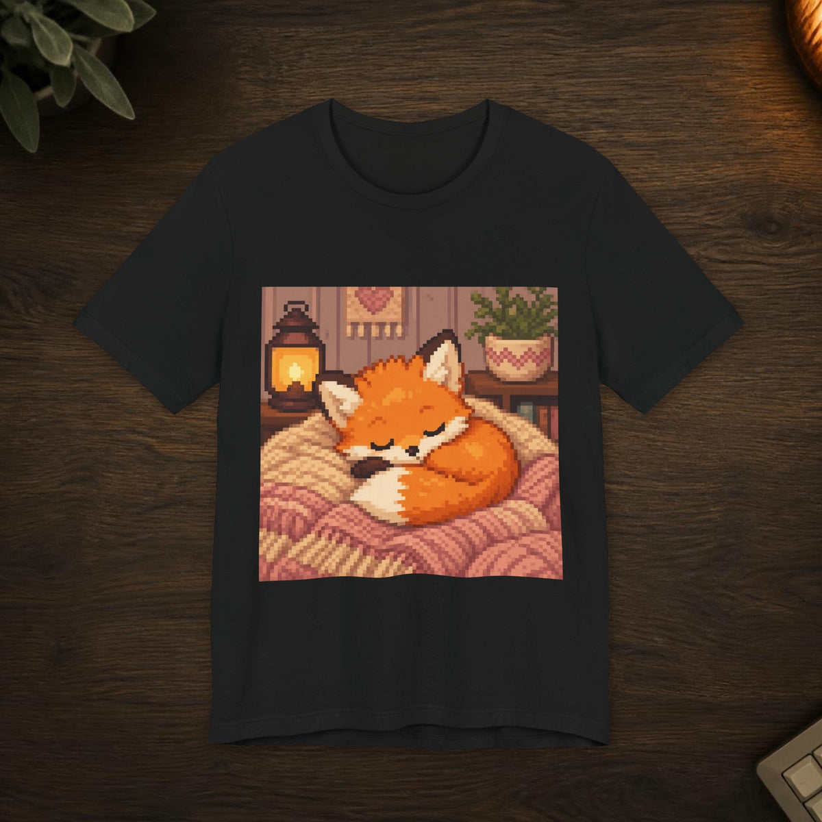 Baby Fox Tee — T-shirt in a styled room scene; digital product mockup [Wear8bit lifestyle v1]