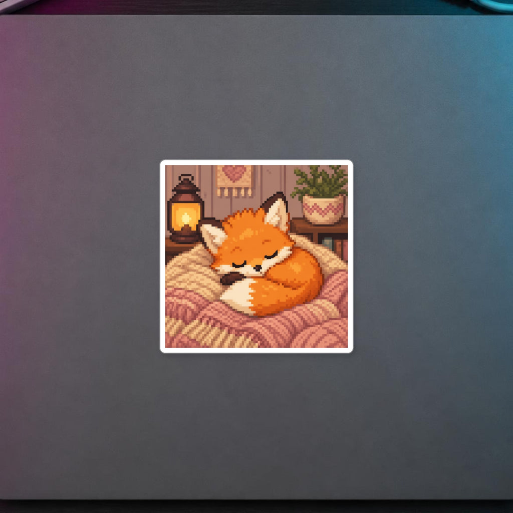 Baby Fox Sticker — sticker in a styled room scene; digital product mockup [Wear8bit lifestyle v1]