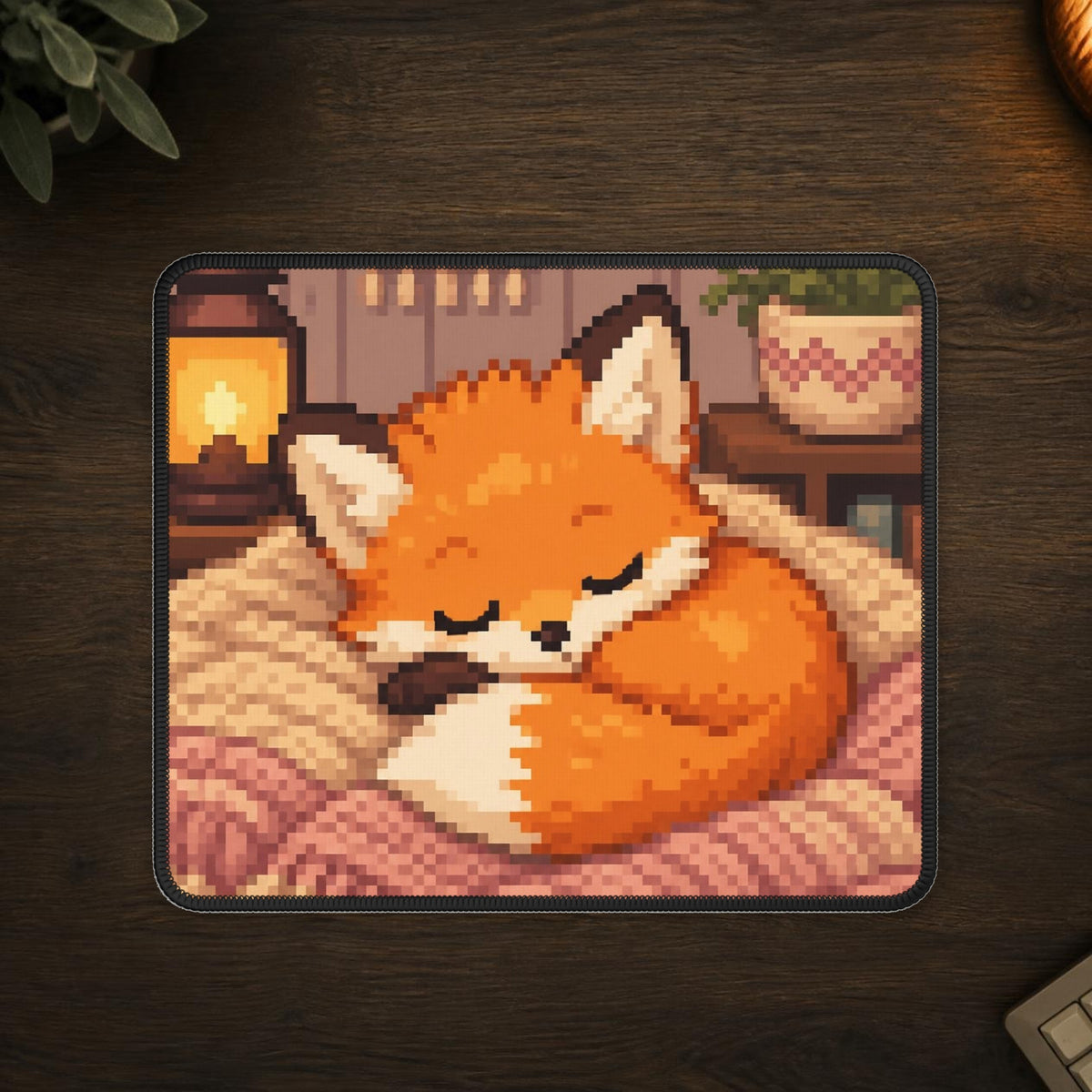 Baby Fox Mousepad — mousepad in a styled room scene; digital product mockup [Wear8bit lifestyle v1]