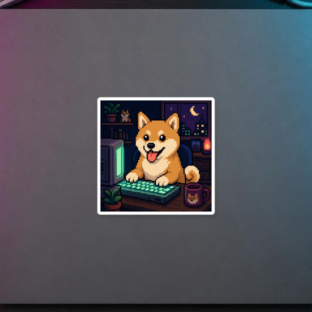 Shiba Desk Sticker — sticker in a styled room scene; digital product mockup [Wear8bit lifestyle v1]
