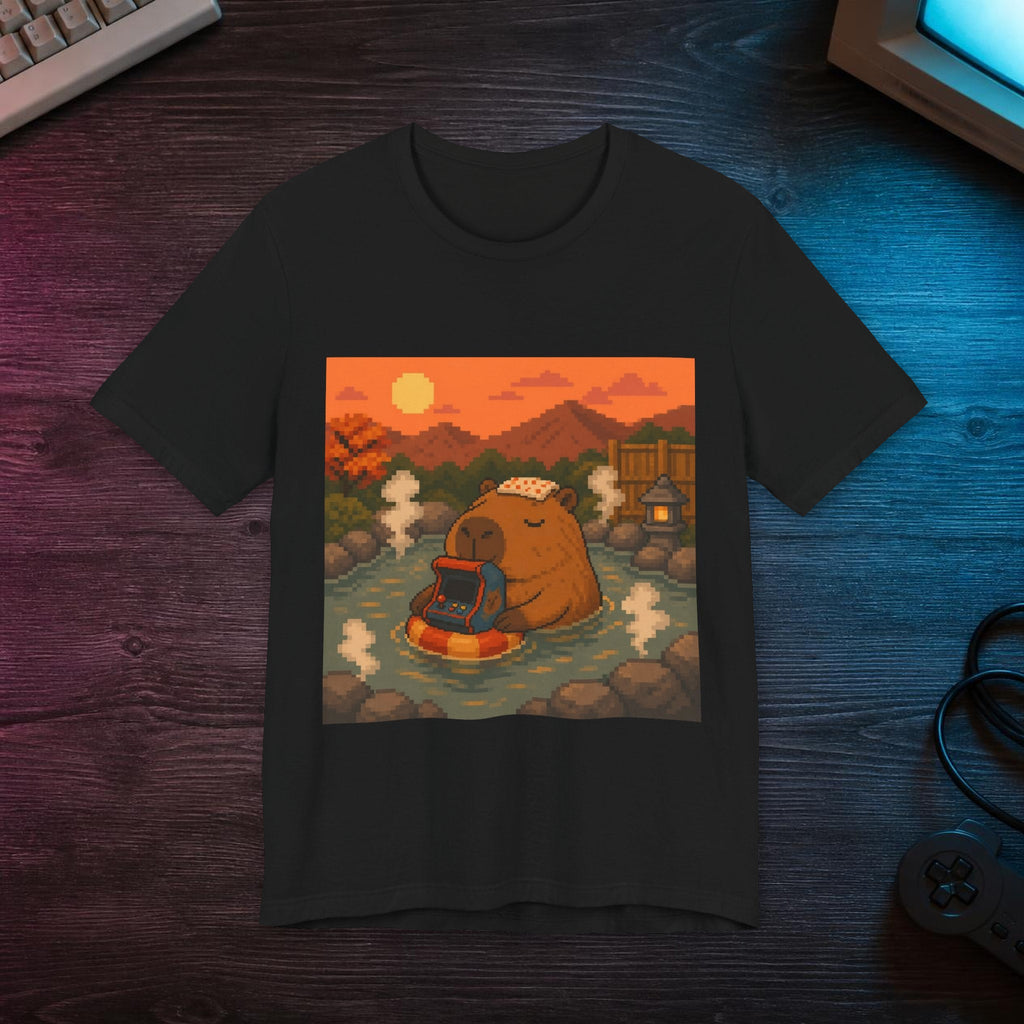 Capybara Arcade Tee — T-shirt in a styled room scene; digital product mockup [Wear8bit lifestyle v1]