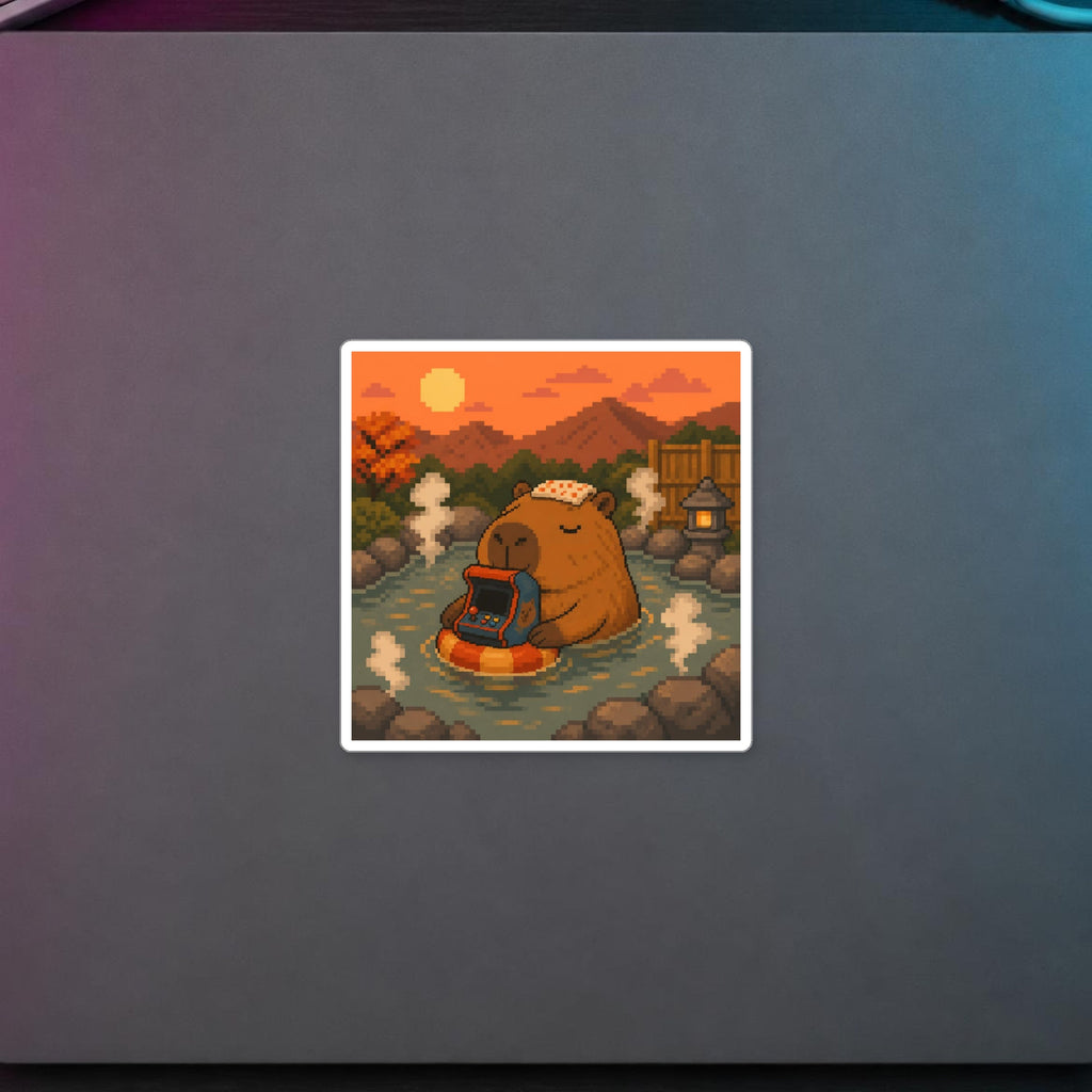 Capybara Arcade Sticker — sticker in a styled room scene; digital product mockup [Wear8bit lifestyle v1]