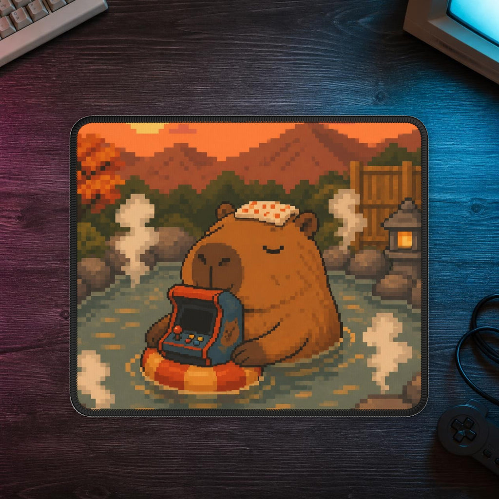 Capybara Arcade Mousepad — mousepad in a styled room scene; digital product mockup [Wear8bit lifestyle v1]