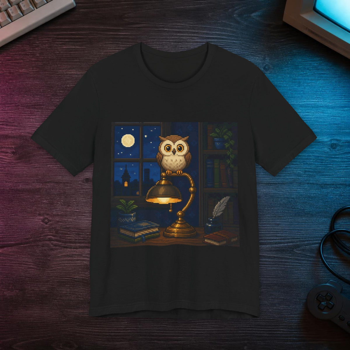 Owl Lamp Tee — T-shirt in a styled room scene; digital product mockup [Wear8bit lifestyle v1]