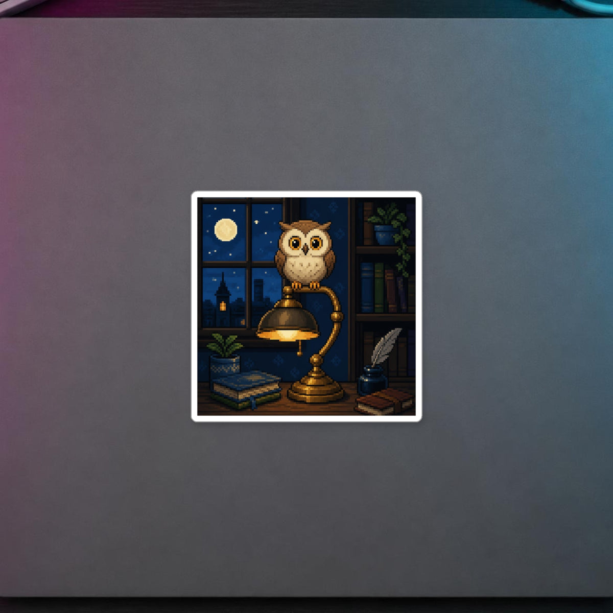 Owl Lamp Sticker — sticker in a styled room scene; digital product mockup [Wear8bit lifestyle v1]