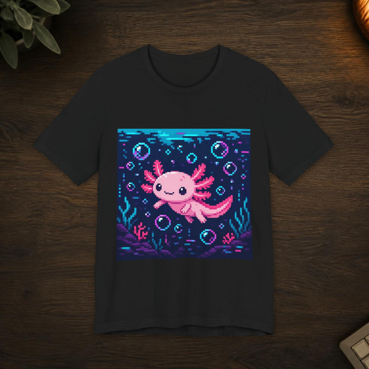 Axolotl Glitch Tee — T-shirt in a styled room scene; digital product mockup [Wear8bit lifestyle v1]