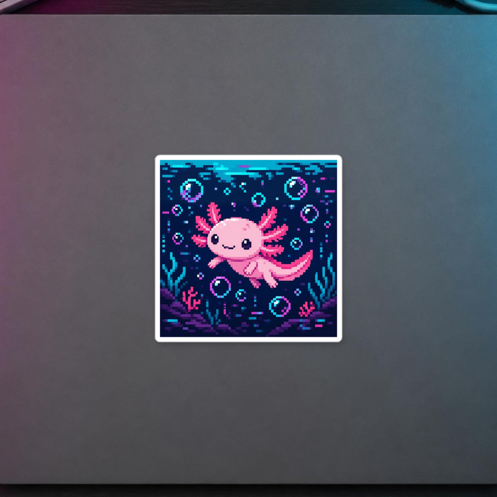 Axolotl Glitch Sticker — sticker in a styled room scene; digital product mockup [Wear8bit lifestyle v1]