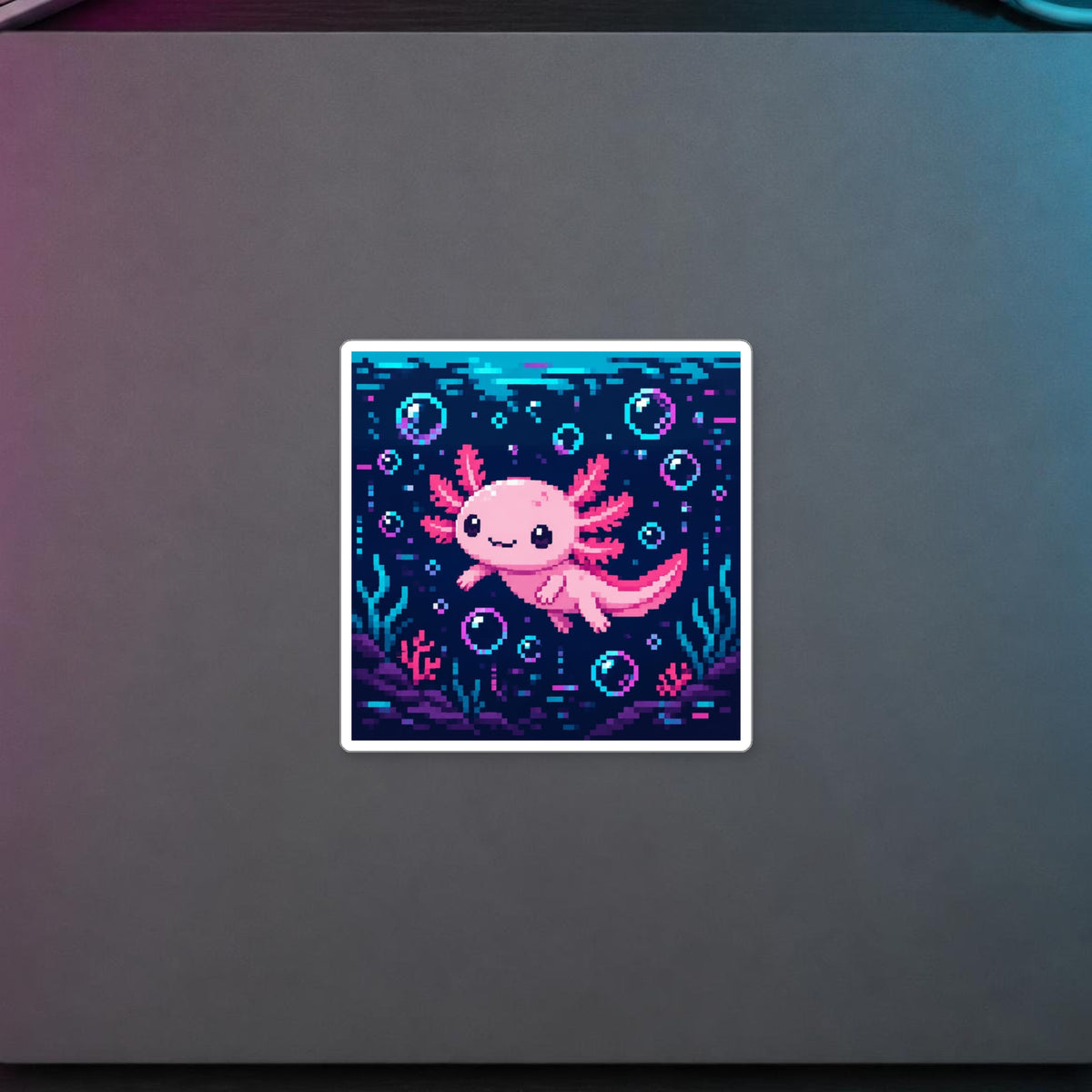 Axolotl Glitch Sticker — sticker in a styled room scene; digital product mockup [Wear8bit lifestyle v1]