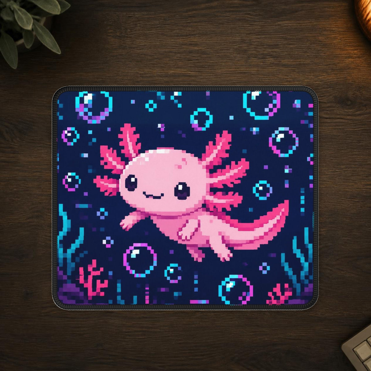 Axolotl Glitch Mousepad — mousepad in a styled room scene; digital product mockup [Wear8bit lifestyle v1]