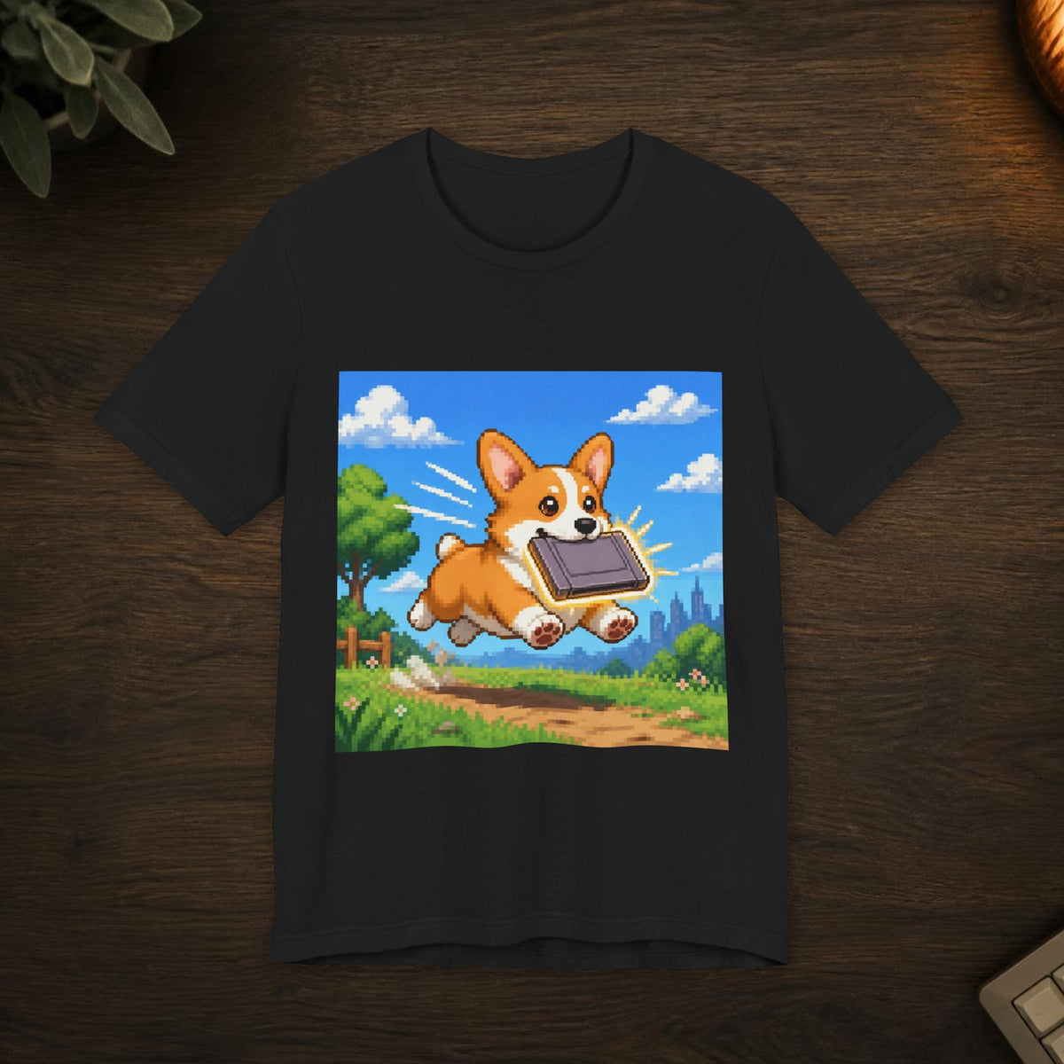 Corgi Cartridge Tee — T-shirt in a styled room scene; digital product mockup [Wear8bit lifestyle v1]